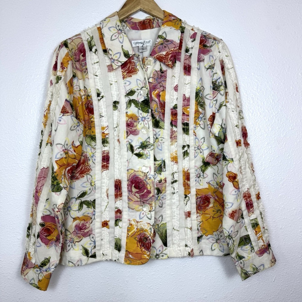Coldwater Creek Embroidered Ruffle Floral Jacket Women's 14 Colorful Cottagecore